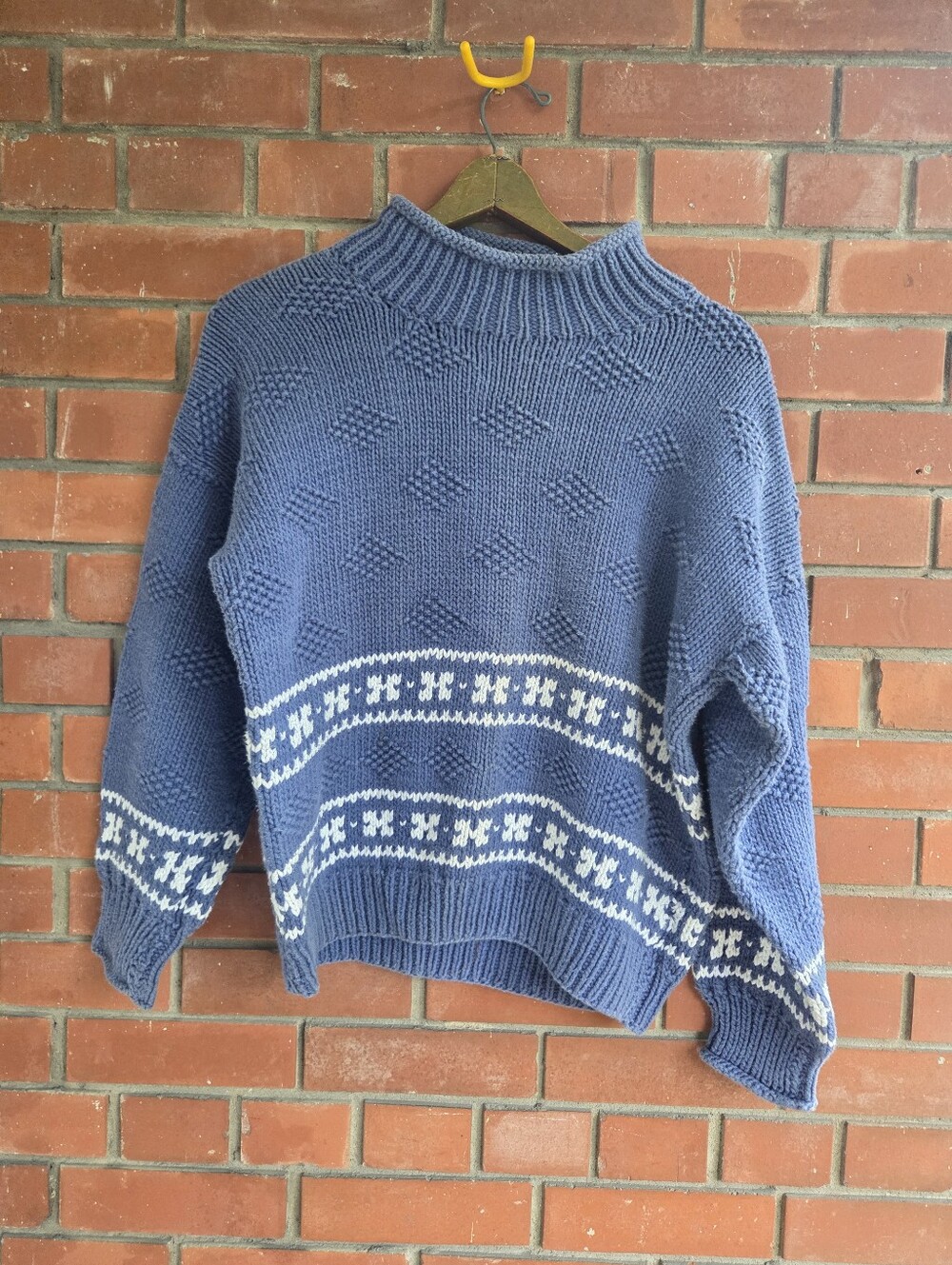 Vintage Hand Knit Blue Wool Sweater Textured Diamond Fair Isle Mock WomensXlarge
